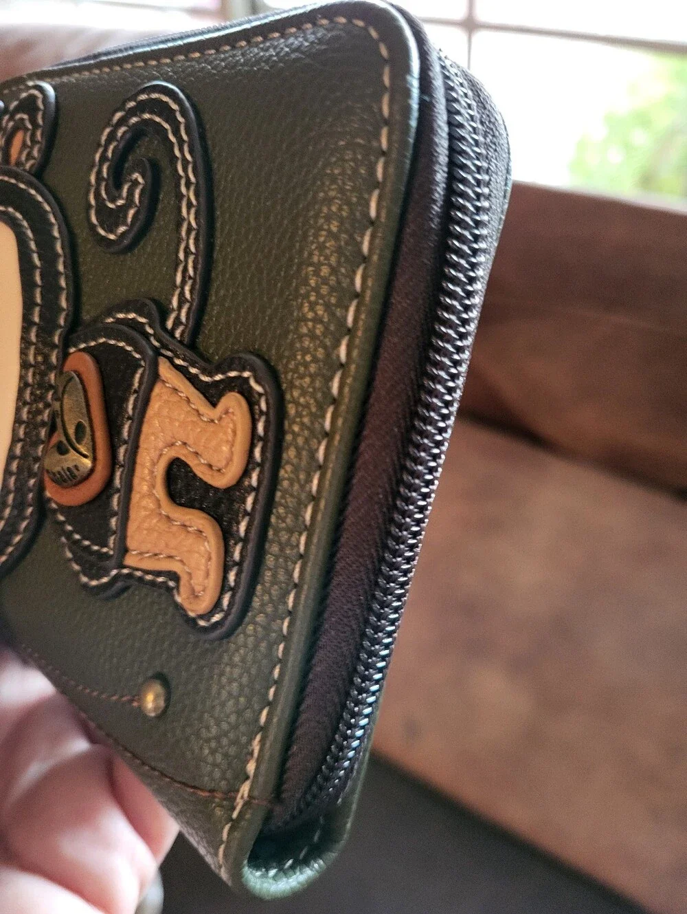 CHALA Monkey Wallet Vegan Leather, Zip Around. Olive